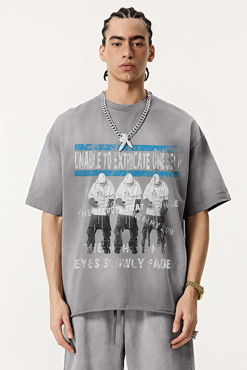 Distressed Rolled-Edge Graphic Tee - Vintage Medium Gray