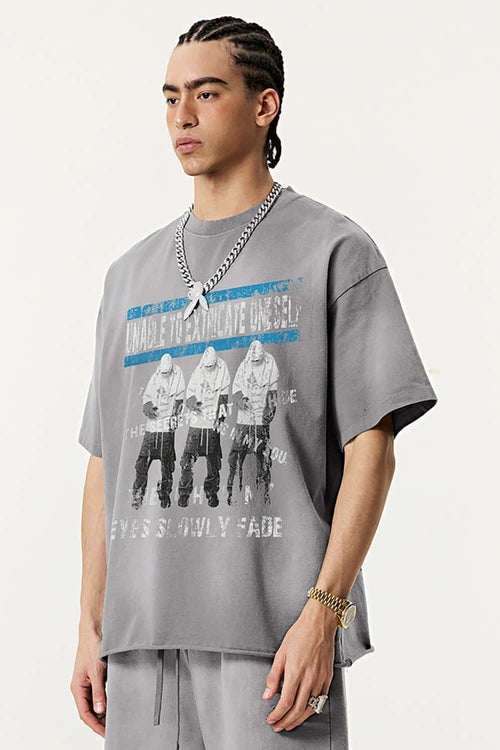 Distressed Rolled-Edge Graphic Tee - Vintage Medium Gray