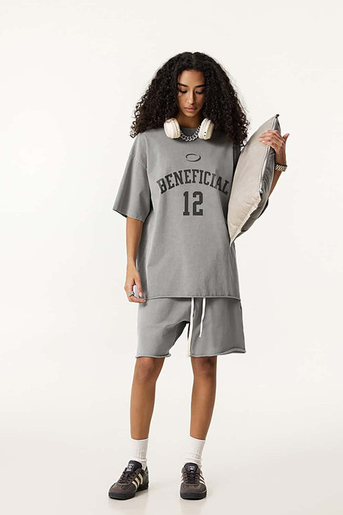 Oversized Typography Graphic Tee - Washed Light Gray