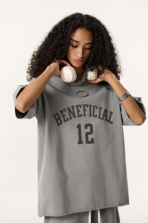 Oversized Typography Graphic Tee - Washed Light Gray