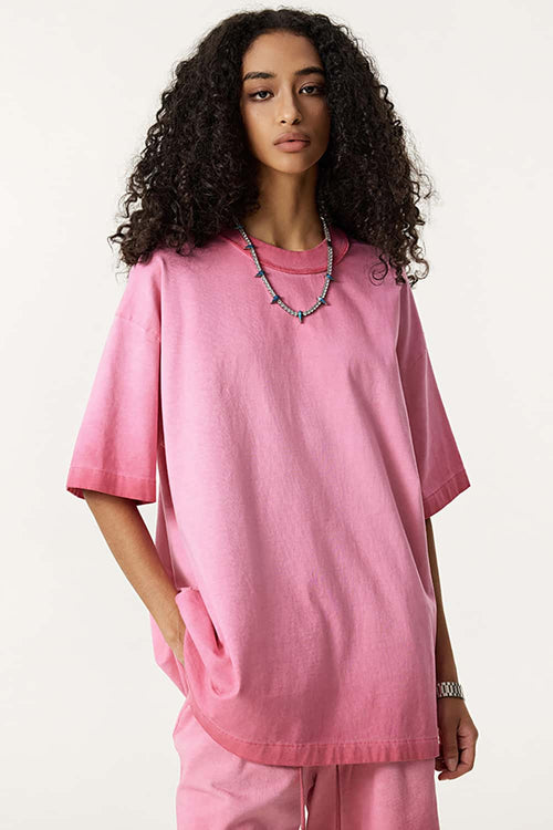 Heavyweight Vintage Washed Reverse Cotton Tee - Washed Rose Red