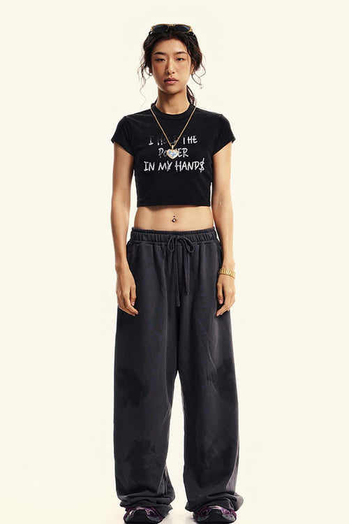 Graphic Print Cropped Casual Tee - Fried Snowflakes