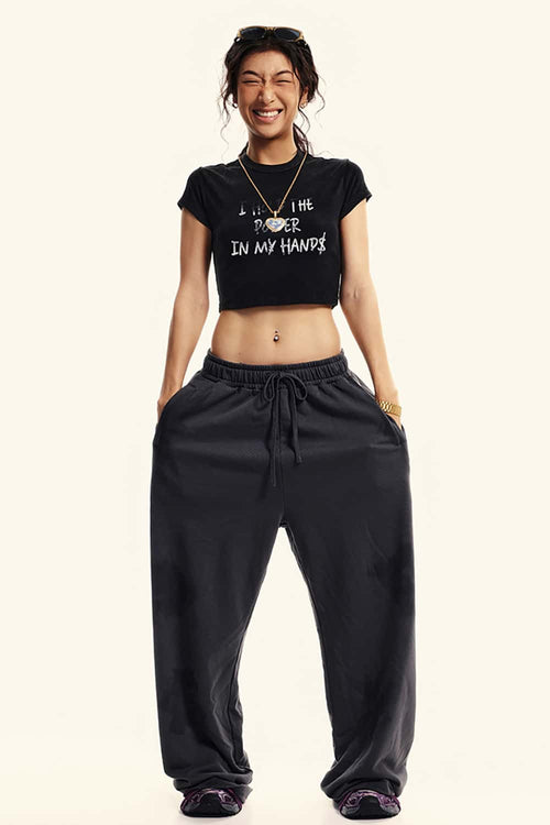 Graphic Print Cropped Casual Tee - Fried Snowflakes