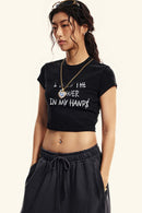 Graphic Print Cropped Casual Tee - Fried Snowflakes