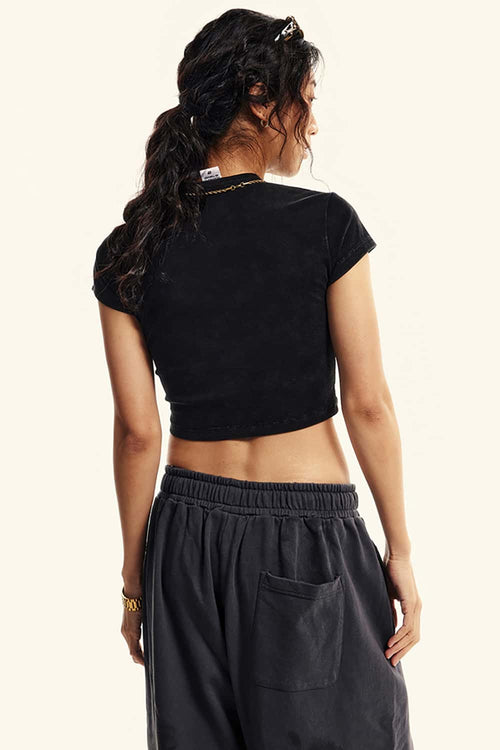Graphic Print Cropped Casual Tee - Fried Snowflakes