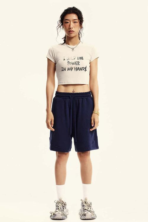 Graphic Print Cropped Casual Tee - Slate Rice