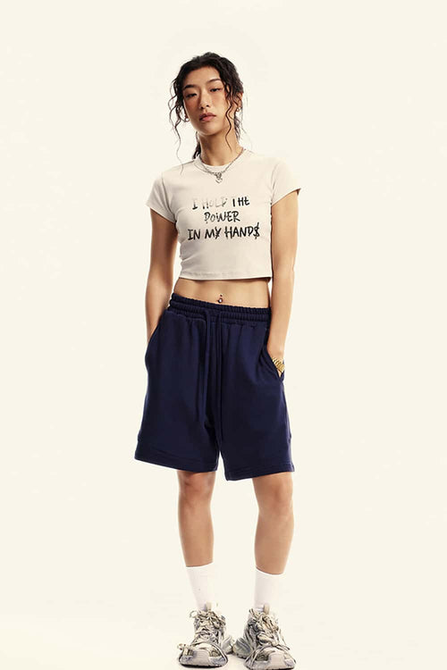 Graphic Print Cropped Casual Tee - Slate Rice