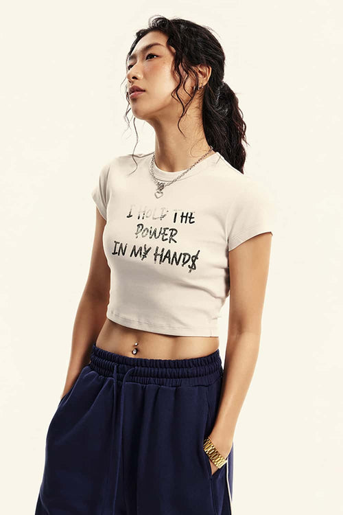Graphic Print Cropped Casual Tee - Slate Rice