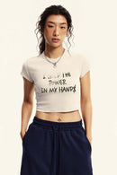 Graphic Print Cropped Casual Tee - Slate Rice