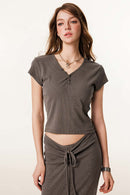 Buttoned V-Neck Fitted Tee - Coffee