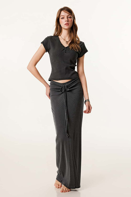 Buttoned V-Neck Fitted Tee - Dark Gray