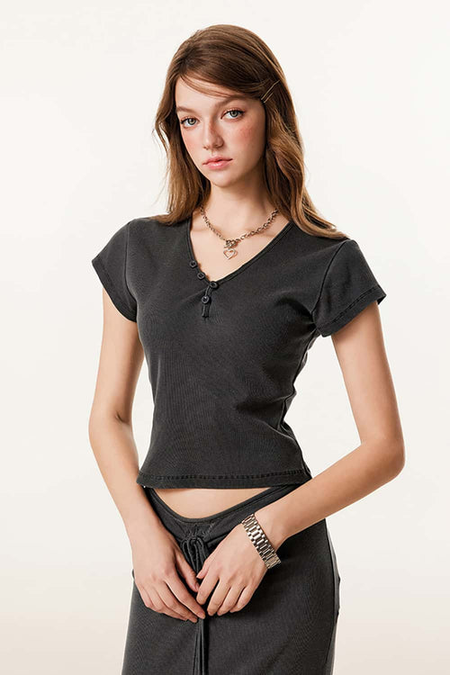 Buttoned V-Neck Fitted Tee - Dark Gray
