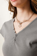 Buttoned V-Neck Fitted Tee - Medium Gray