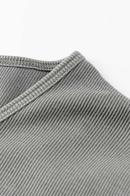 Buttoned V-Neck Fitted Tee - Medium Gray