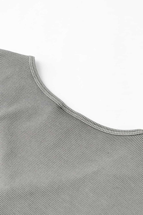 Buttoned V-Neck Fitted Tee - Medium Gray