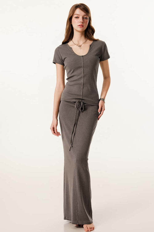 Deep U-Neck Slim-Fit Tee - Coffee
