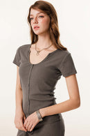 Deep U-Neck Slim-Fit Tee - Coffee