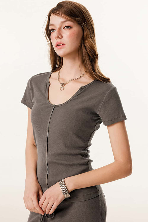 Deep U-Neck Slim-Fit Tee - Coffee
