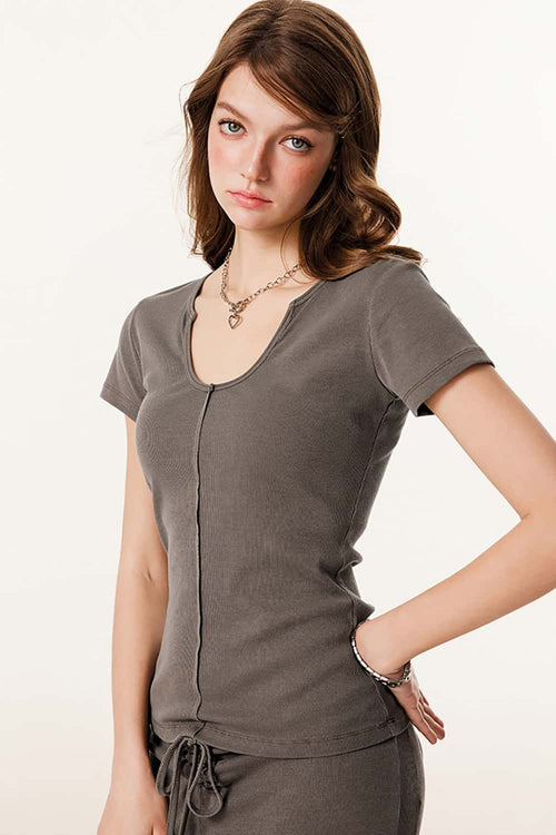 Deep U-Neck Slim-Fit Tee - Coffee