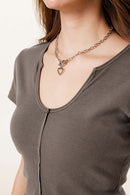 Deep U-Neck Slim-Fit Tee - Coffee