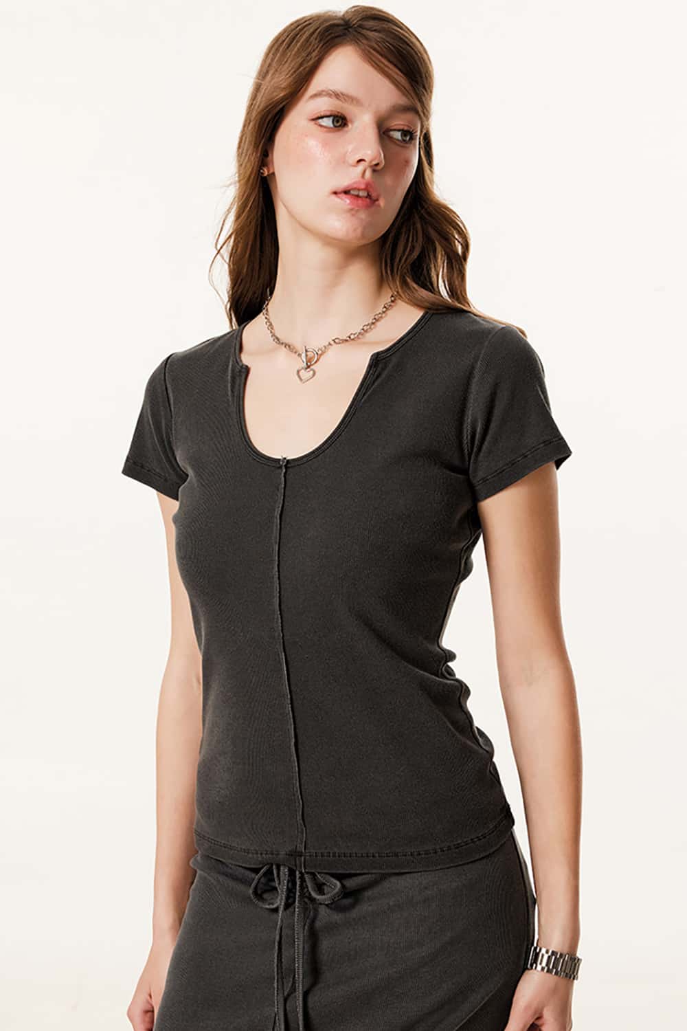Slim-Fit Deep U-Neck Short Sleeve T-Shirt