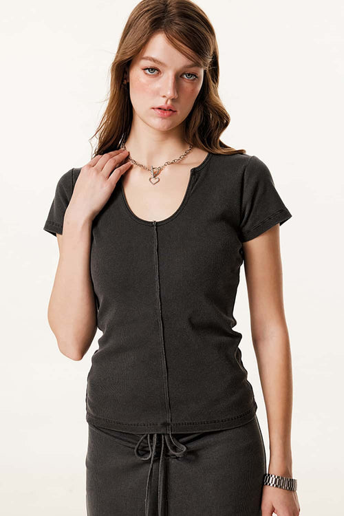 Deep U-Neck Slim-Fit Tee - Dark Gray