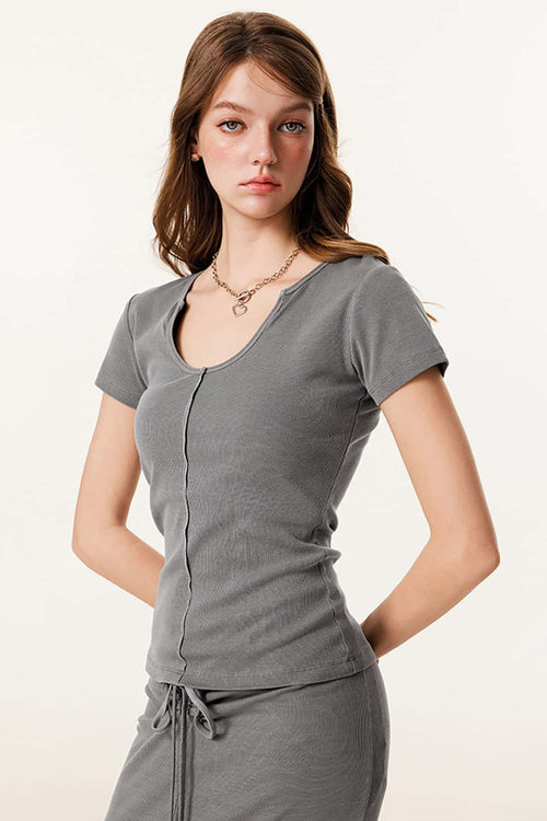 Deep U-Neck Slim-Fit Tee - Medium Gray
