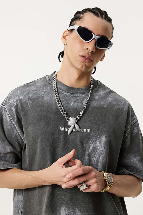 Distressed Painted Graphic Vintage Tee - Dark Gray