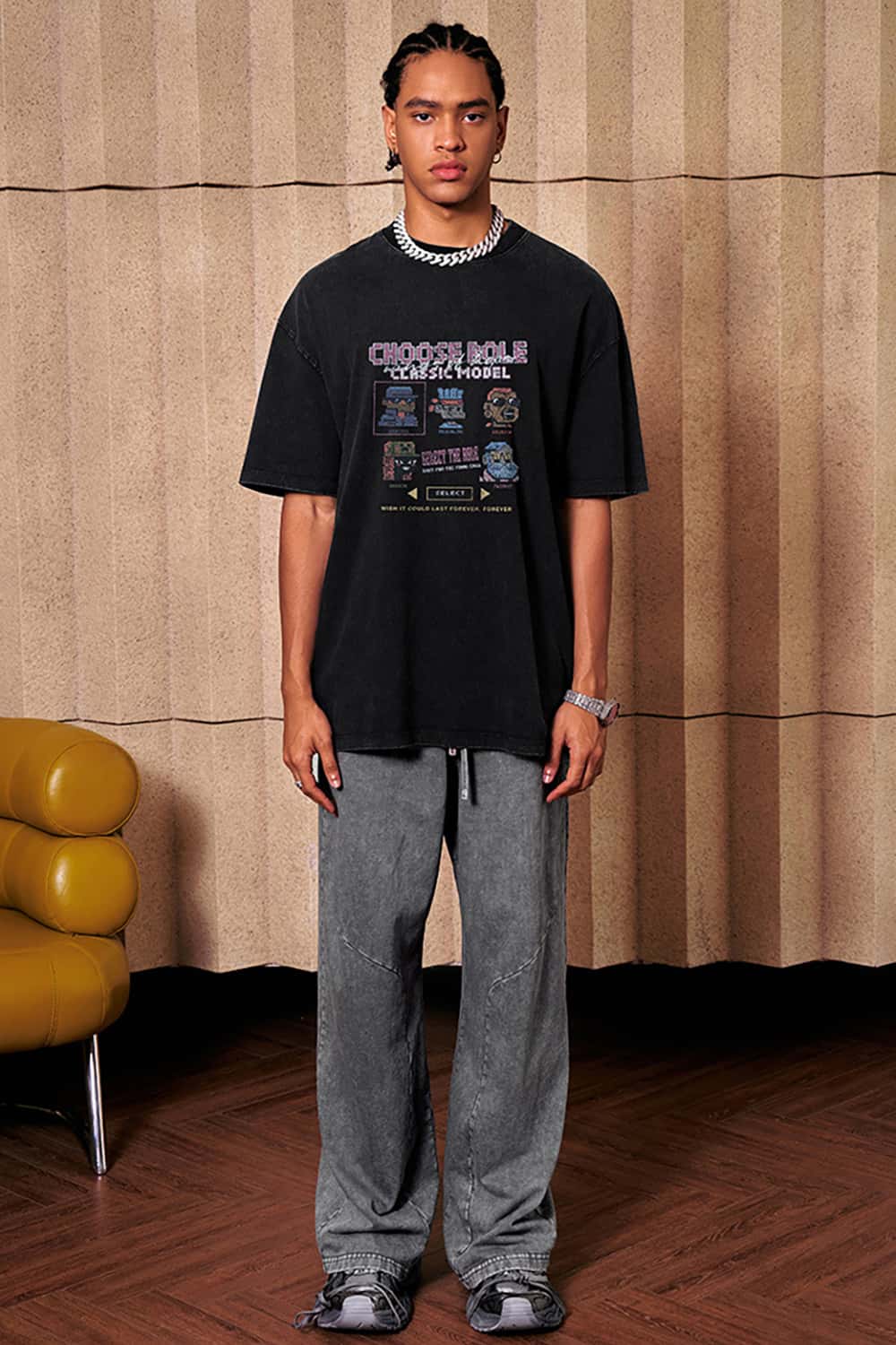 Loose-Fit Cartoon Fun Game Lettering Vintage Wash Short-Sleeve T-Shirt