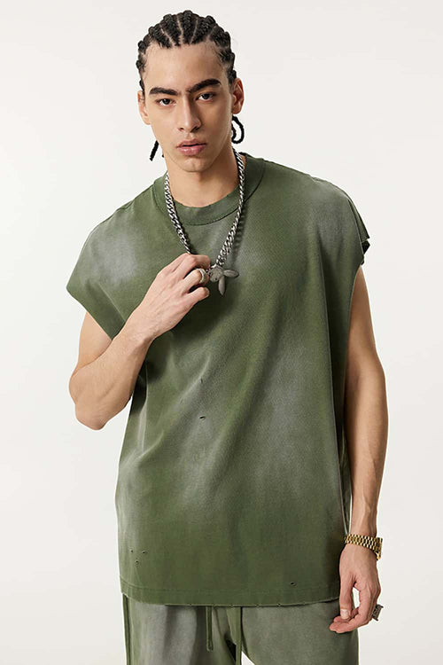 Distressed Cutoff Tank - Vintage Army Green
