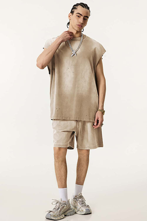 Distressed Cutoff Tank - Vintage Khaki