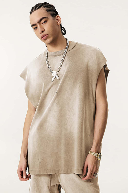 Distressed Cutoff Tank - Vintage Khaki