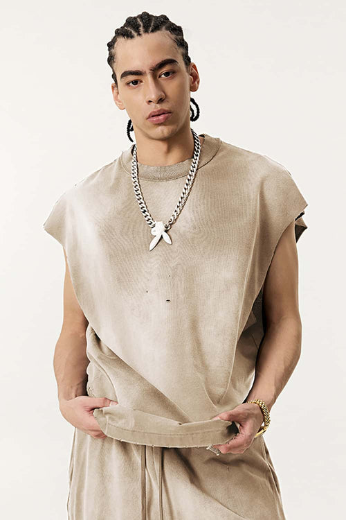 Distressed Cutoff Tank - Vintage Khaki