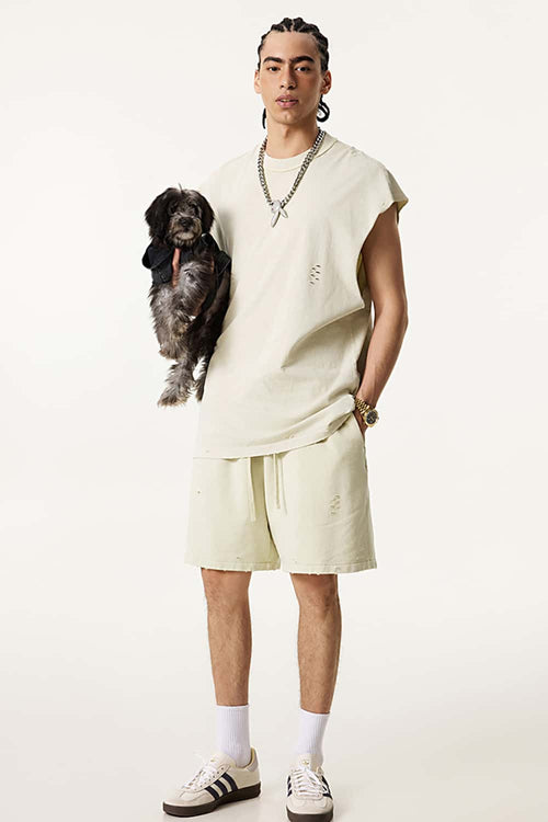 Distressed Sleeveless Active Vest - Gray Apricot