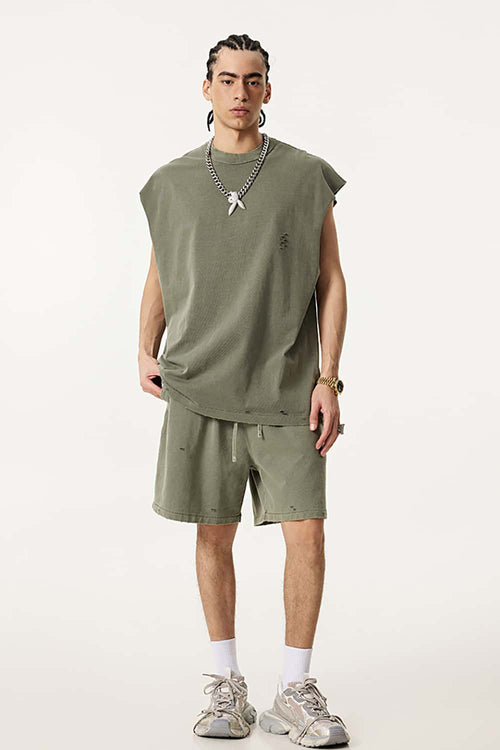Distressed Sleeveless Active Vest - Grayish Green