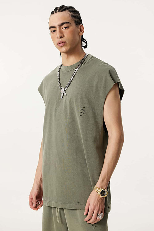 Distressed Sleeveless Active Vest - Grayish Green