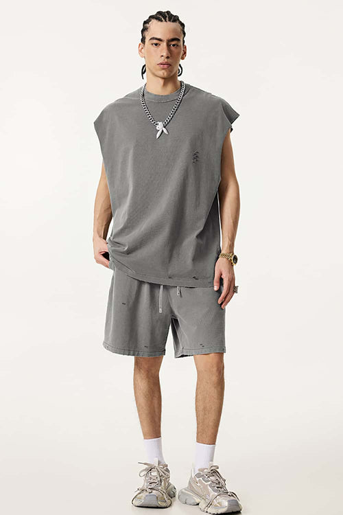 Distressed Sleeveless Active Vest - Medium Gray