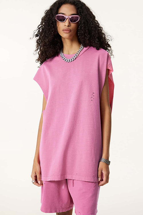 Distressed Sleeveless Active Vest - Rose Pink