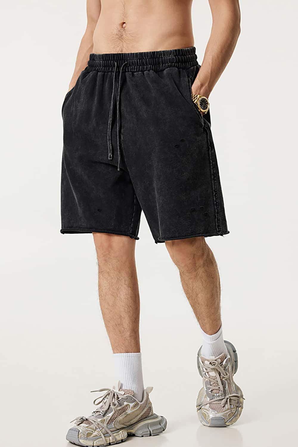 High Street Waxed-Dye Over-the-Knee Shorts in Post-Apocalyptic Style