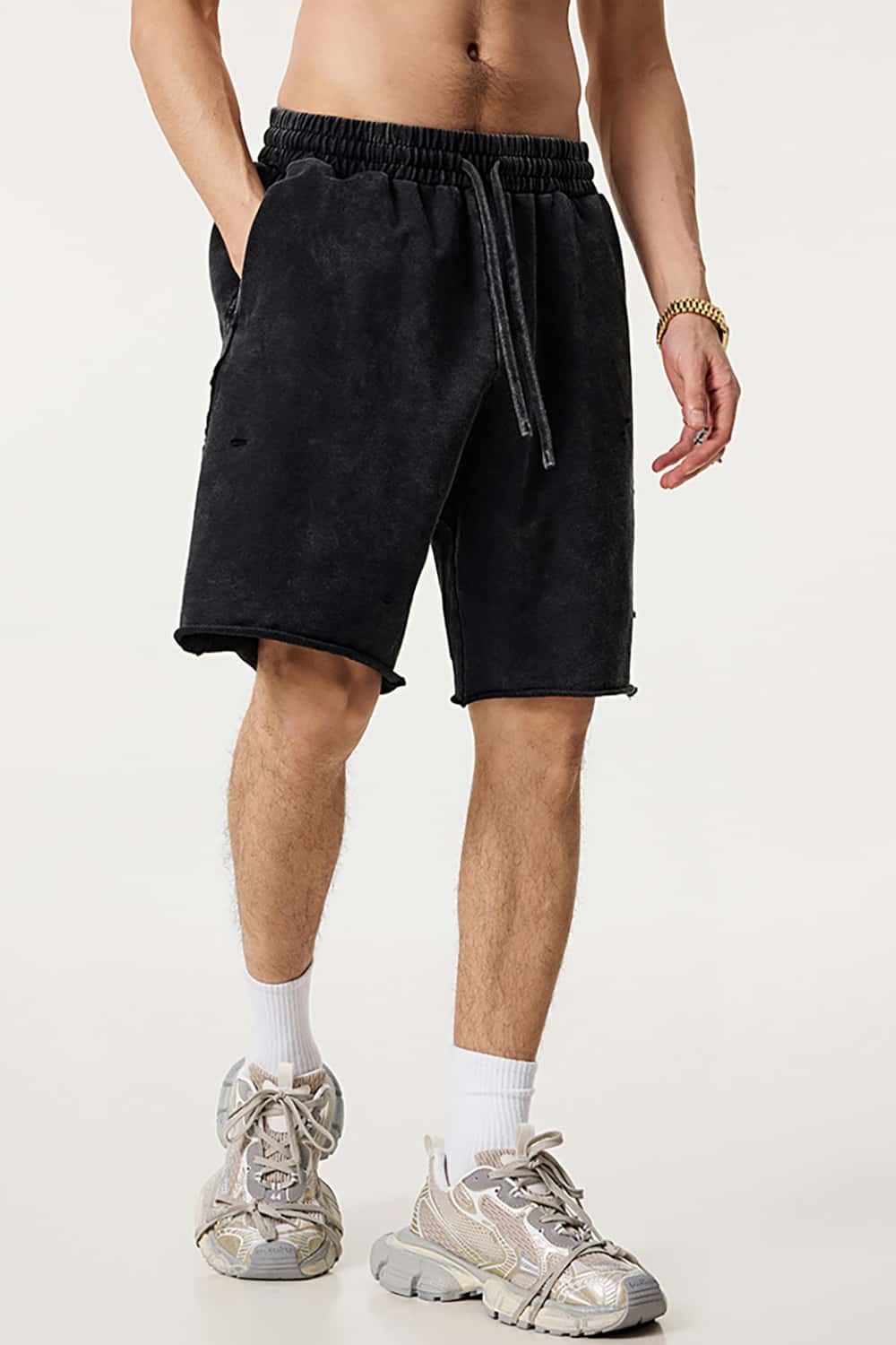 High Street Waxed-Dye Over-the-Knee Shorts in Post-Apocalyptic Style