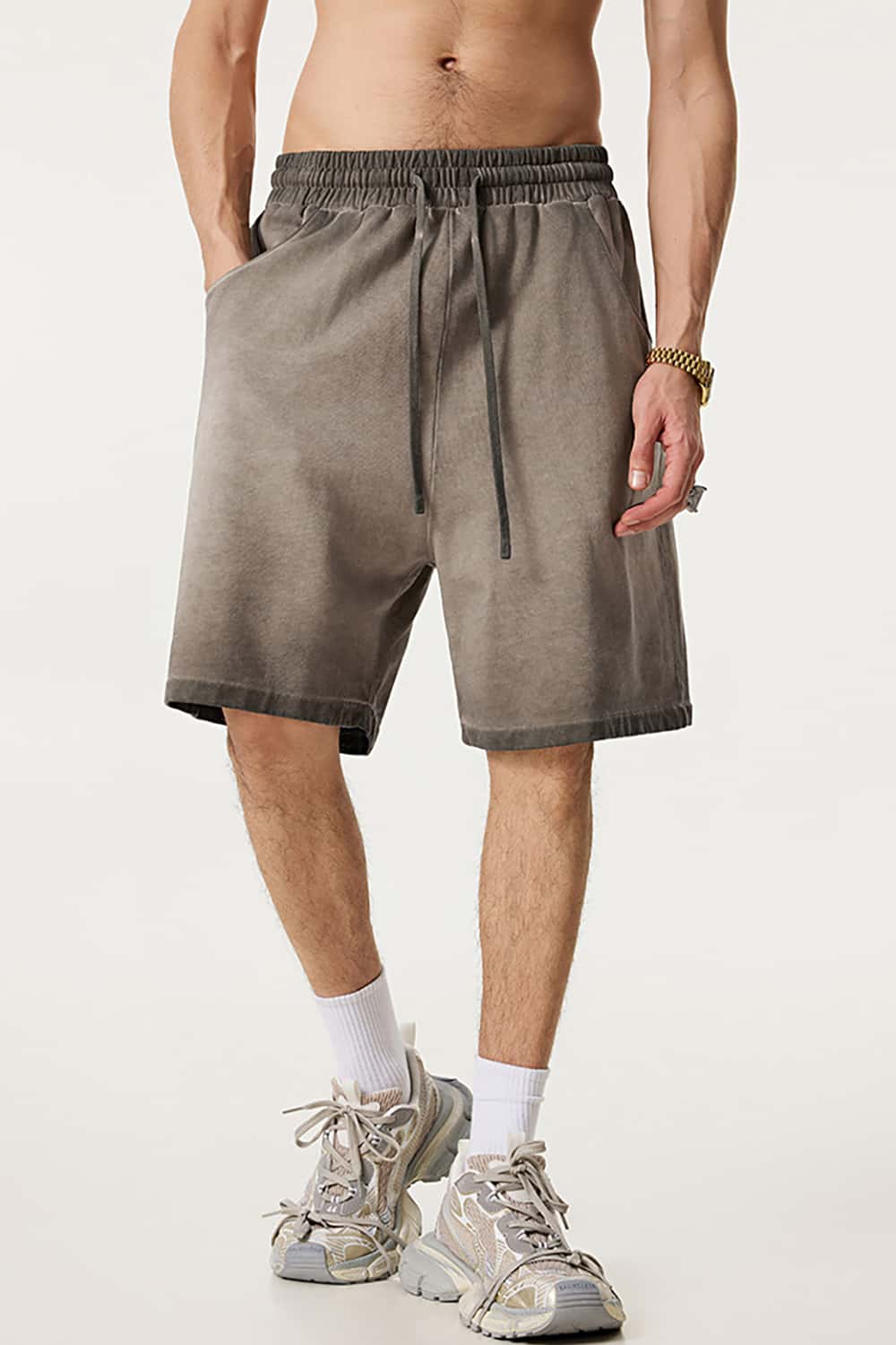 Heavyweight Drawstring Casual Sports Shorts with Vintage Raw Hem