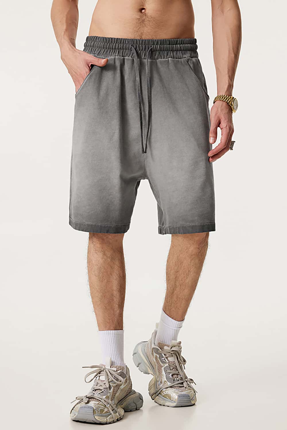 Heavyweight Drawstring Casual Sports Shorts with Vintage Raw Hem