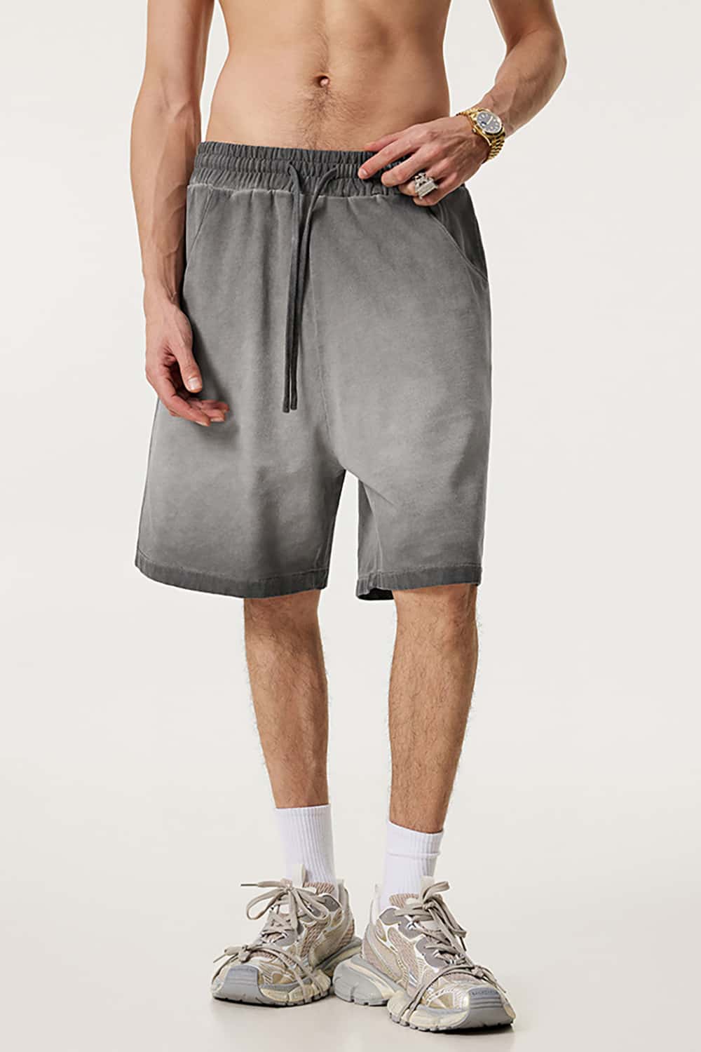 Heavyweight Drawstring Casual Sports Shorts with Vintage Raw Hem
