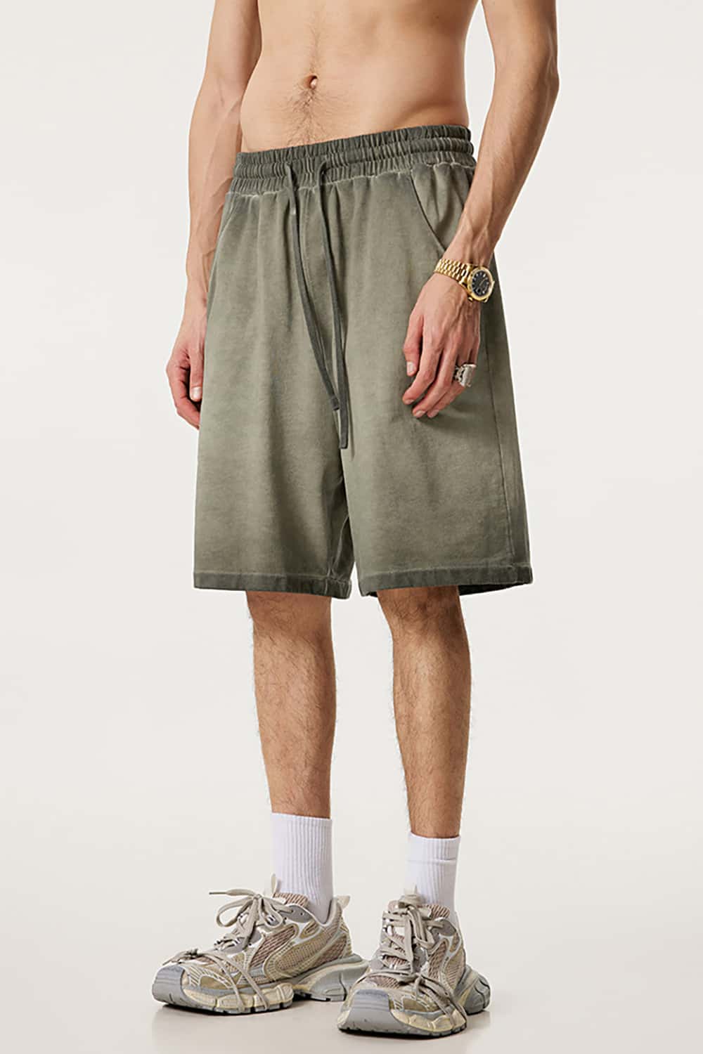Heavyweight Drawstring Casual Sports Shorts with Vintage Raw Hem