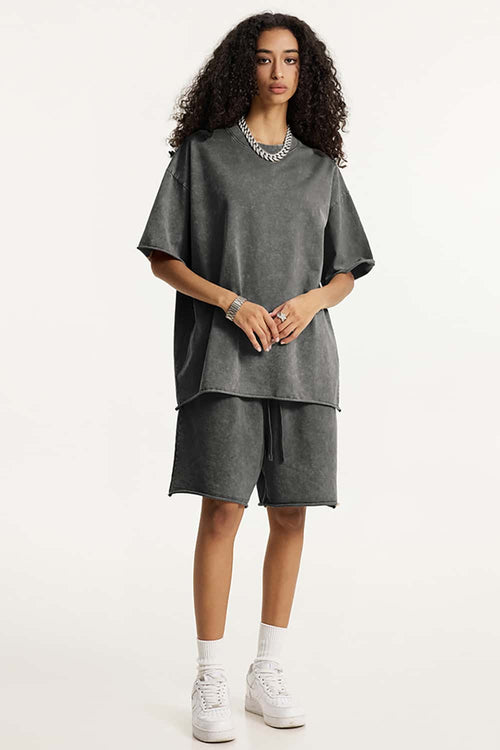 Washed Rolled-Hem Relaxed Shorts - Dark Gray