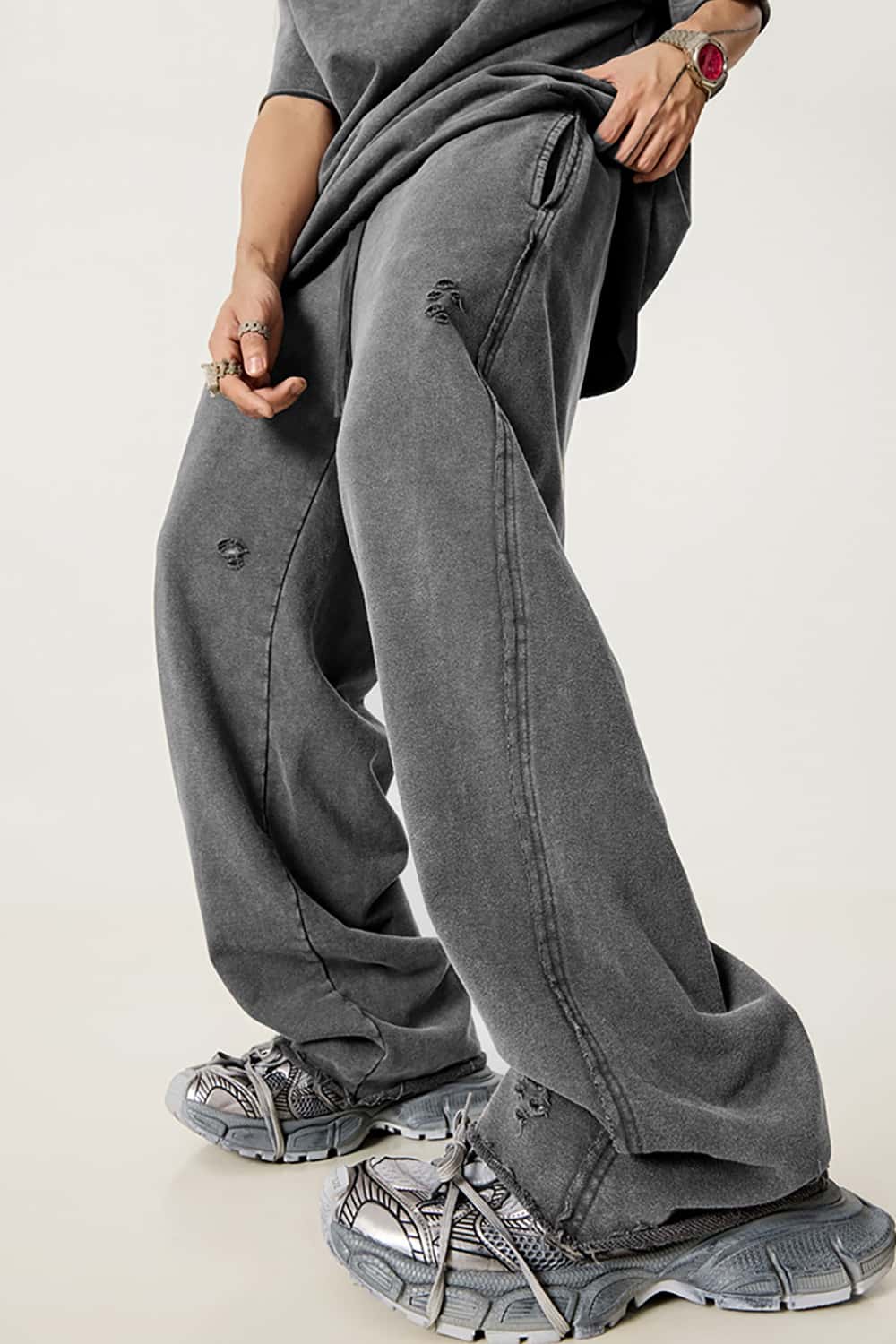 Vintage Washed Distressed Straight-Leg Sweatpants with Rolled Hem