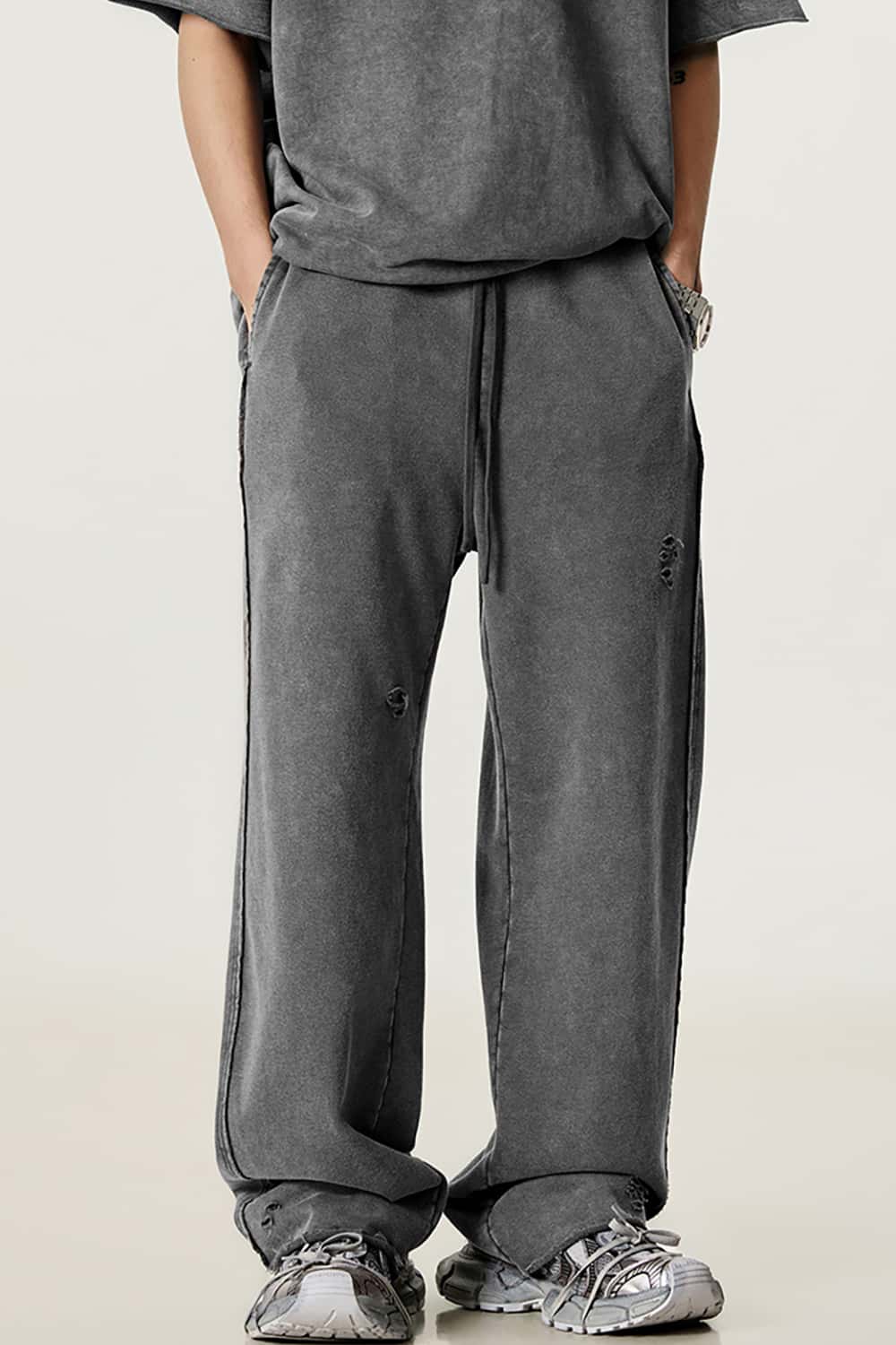 Vintage Washed Distressed Straight-Leg Sweatpants with Rolled Hem
