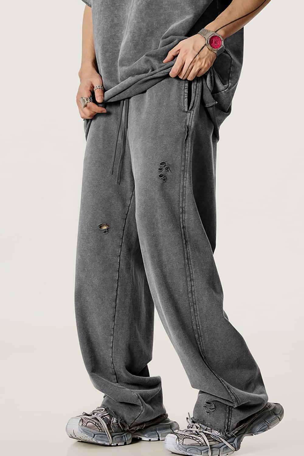 Vintage Washed Distressed Straight-Leg Sweatpants with Rolled Hem