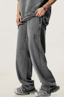 Washed Distressed Straight-Leg Sweatpants - Dark Gray