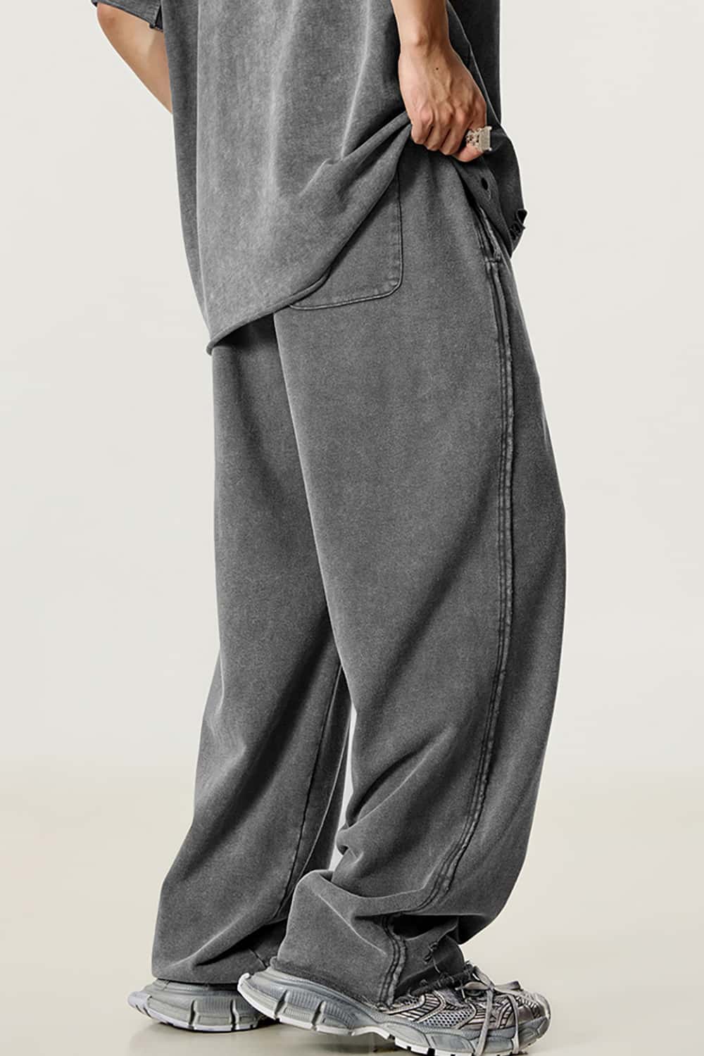 Vintage Washed Distressed Straight-Leg Sweatpants with Rolled Hem